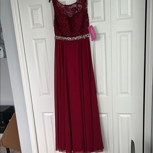 Dancing Queen Burgundy Prom Dress with Gem Embellished High Waist. L